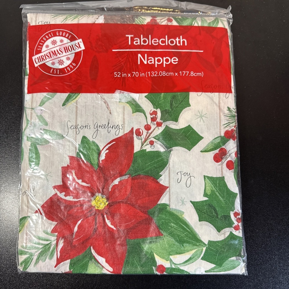 Christmas‎ House - Holiday Poinsettia Flannel Black Tablecloth 52" x 70" - NIP